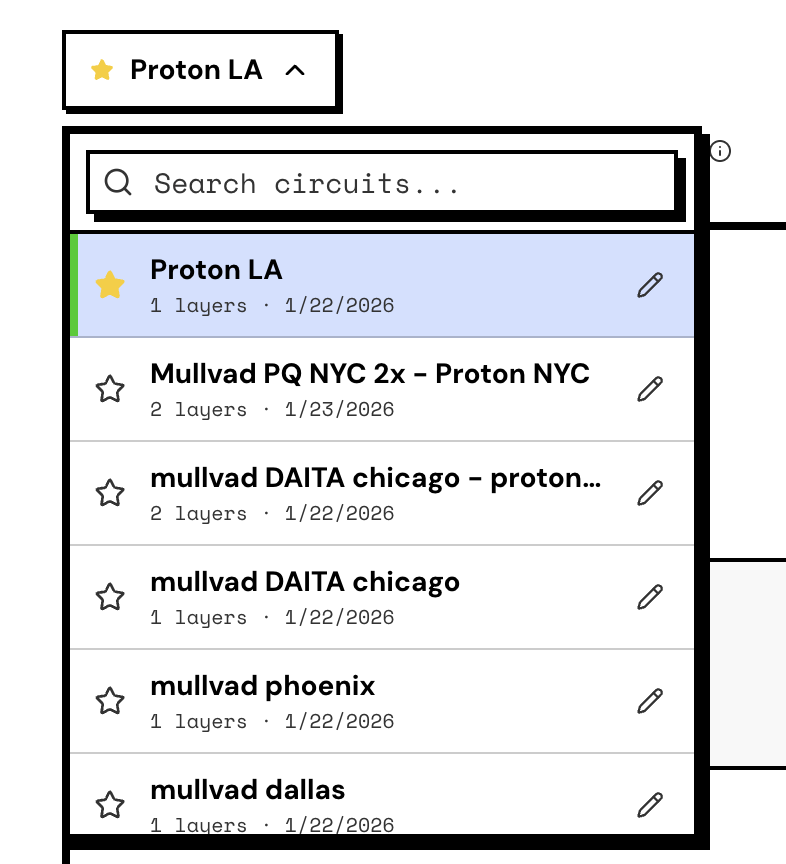 Circuit selector dropdown with saved configurations