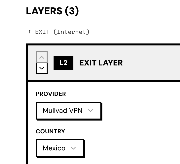 Layer configuration showing multi-hop VPN setup with exit layer selection