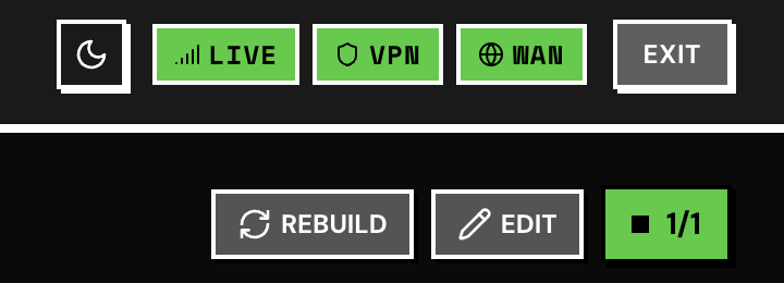 Wirebump header showing green status indicators for LIVE, VPN, and WAN